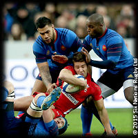 Rhys Webb with Romain Taofifenua Bernard Le Roux and Eddy Ben Arous France Wales 6 Nations 2015